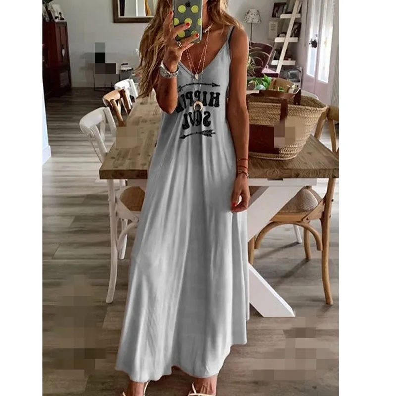 Pink Blue Letters Print Dress Sexy Spaghetti Strap Sleeveless Long Women Summer Casual Beach Dresses Female Plus Size 6XL | Женская
