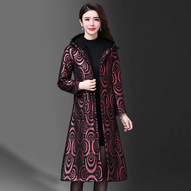

Long Hooded Jacket Women Windbreaker Winter Warm Outwear Vintage Jacquard Embroidery Middle-aged Mother Coat 5xl