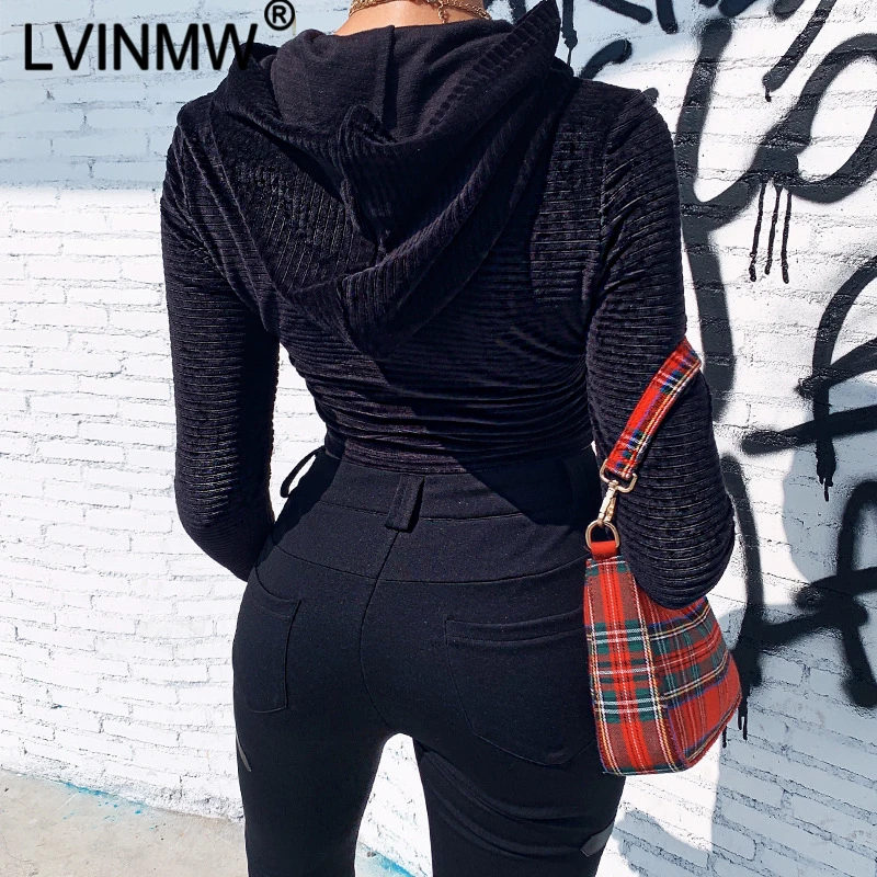 LVINMW, повседневная, черная, в полоску, с длинным рукавом, облегающая, укороченная, с капюшоном, Осень-зима, женская мода, облегающие топы, женская уличная одежда, топы
