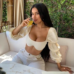 Cryptographic gola quadrada moda onda lanterna manga blusa camisas sexy sem encosto verão recortada blusa feminina blusas chiques