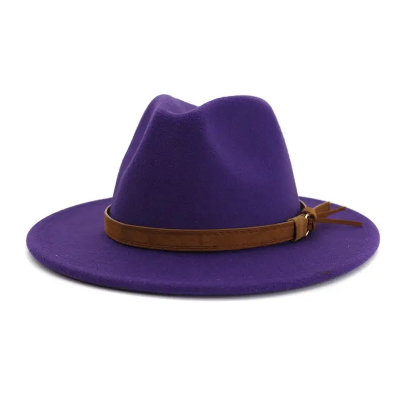 Унисекс Винтаж Широкими Полями Фетровая шляпа в стиле джаз Кепка с искусственная кожа ремень пряжка топ шляпа 40JF