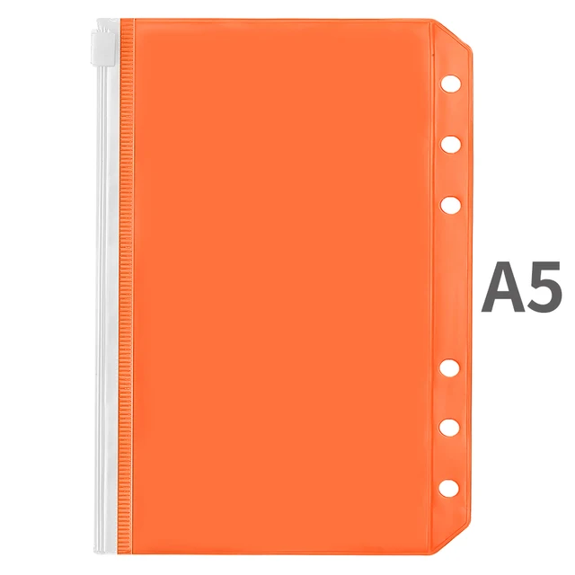 A5/A6 Binder Pockets PVC Binder Loose Leaf Bag Colorful Zipper Folders For 6-Ring Notebook Binder Pouch Document Filing Bags A5-Orange