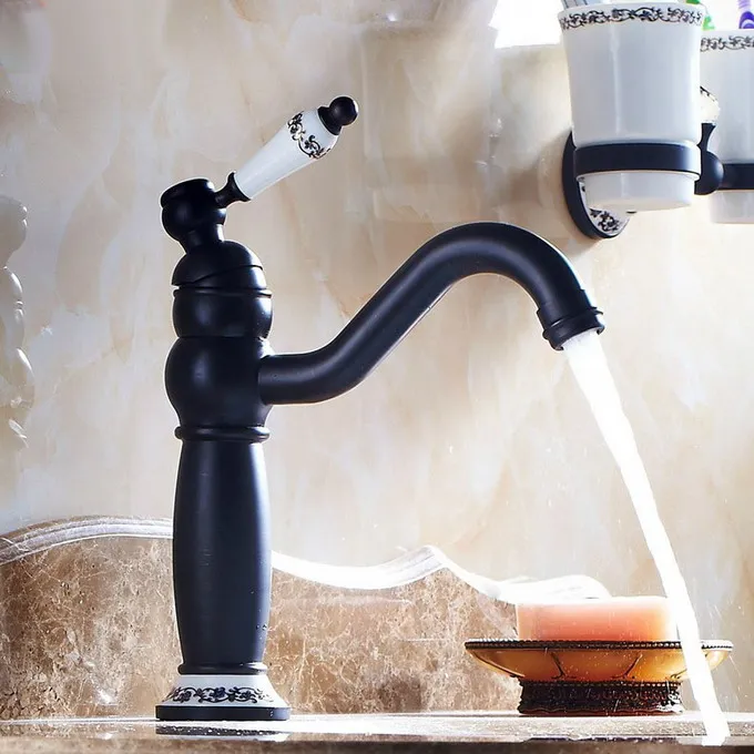 

Black Oil Rubbed Brass Ceramic Base Single Handle Bathroom Kitchen Basin Sink Faucet Mixer Tap Swivel Spout Deck Mounted mnf507