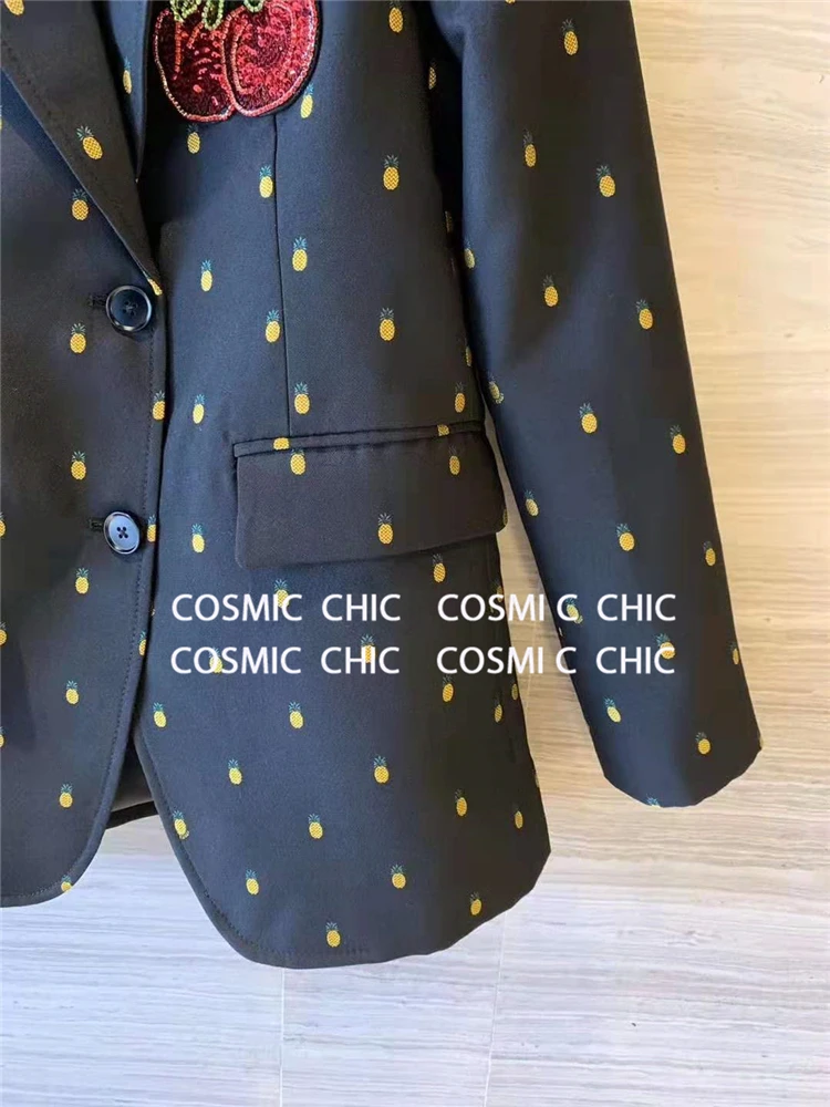 Cosmicchic, Осенний Женский блейзер, жилет, комплект, однобортный, с вышивкой, ананас, Блейзер, британский стиль, тонкий, винтажный жилет