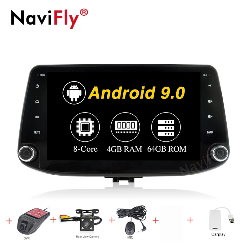 NaviFly Autogps 9 дюймов Android 9,0 Автомагнитола для hyundai i30 андроид мультимедийный проигрыватель WI-FI BT, RDS Carplay - Цвет: 4-64-Cam-DVR-Carplay