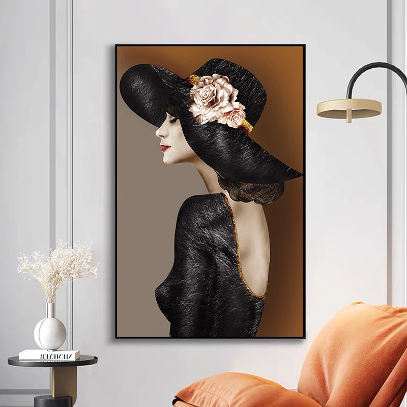 

Fashion Abstract Sexy Women Wall Art Poster Black Hat Canvas Painting Modern Wall Picture For Living Room Home Decor Cuadros