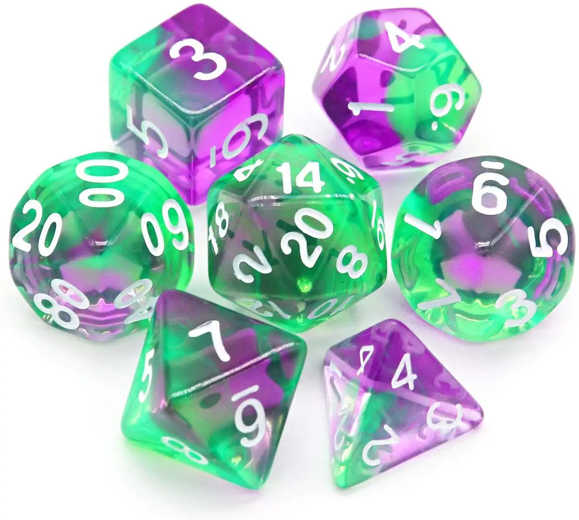 

Haxtec 7PCS DND Dice Set Polyhedral D&D Dice of D20 D12 D10 D8 D6 D4 for TTRPG Games (Green Purple)
