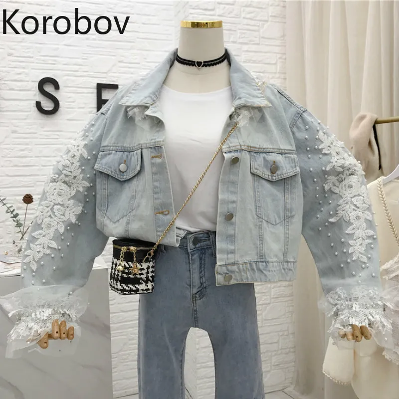 

Korobov Autumn New Pearls Embroidery Lace Patchwork Denim Jacket Korean Single Breasted Crop Coat Women Bomer Jackets 79009