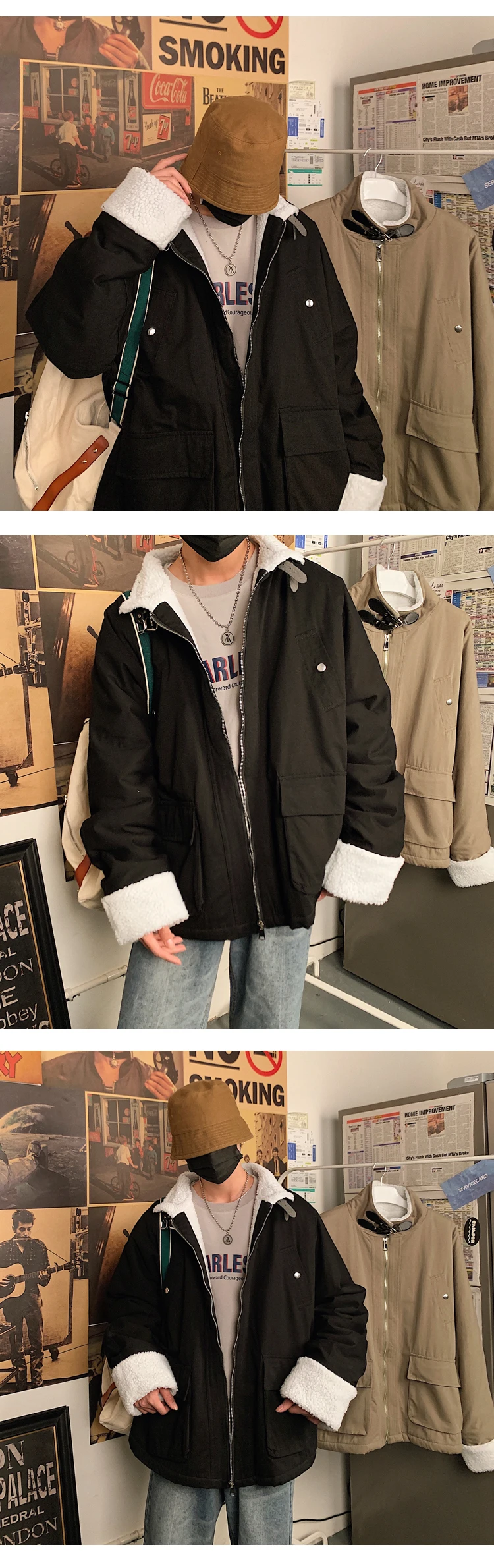 Winter Lamb Hair Jacket Men's Warm Thick Fashion Parka Men Solid Color Casual Collar Coat Street Wild Loose Cotton Couple Jacket