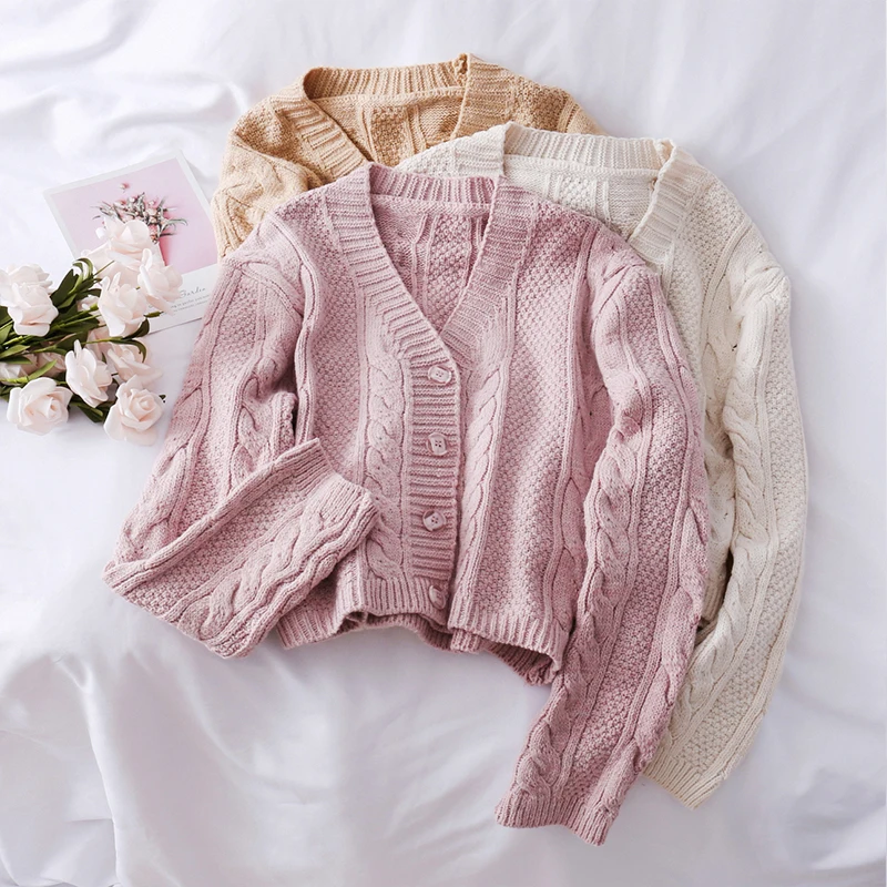 

Casual Solid Twist Single-breasted Cardigans Sweater Women Autumn Long Sleeve V neck Knit Coat 2019 Winter Loose Sweater Outwear