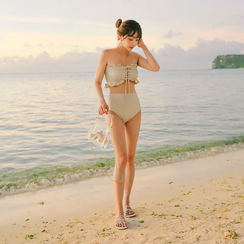 

South Korea High-waisted Bathing Suit Retro wu yan Cool off-Shoulder Frilled Split Type Sexy Bikini Tour Bathing Suit Women's