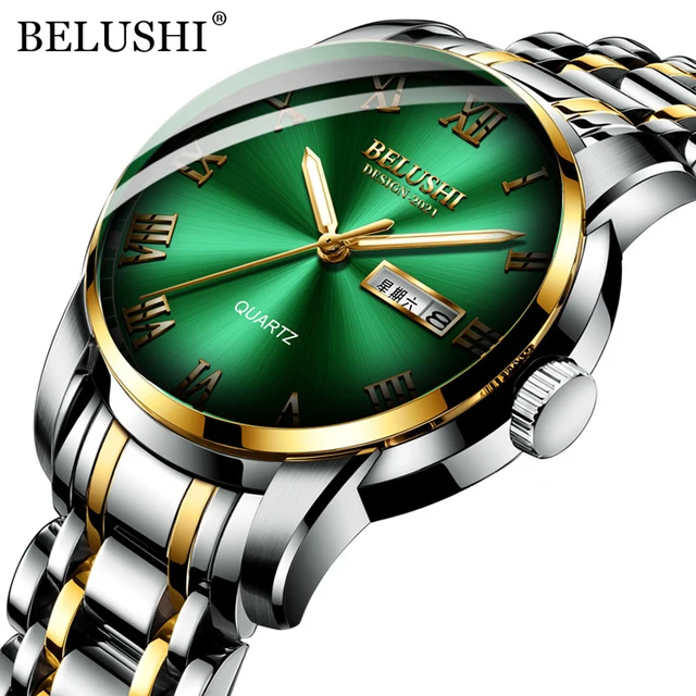 BELUSHI Top Brand Luxury Mens Watches Luminous Waterproof Stainless Steel Watch Quartz Men Date Calendar Business Wristwatch Silver Golden Green