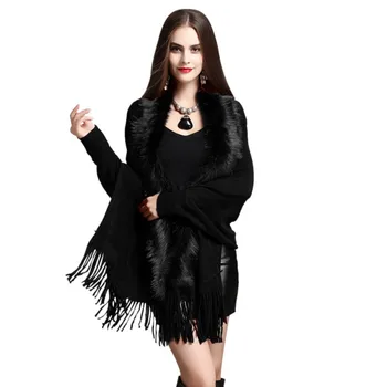 

Women's Fake Fox Fur Collar Cashmere Sweater Fashion Women Long Thick Knitted Tassel Cardigan Capes