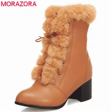 MORAZORA/; ; большие размеры 48; зимние ботинки; женские Теплые ботильоны на толстом меху; зимняя женская обувь на квадратном каблуке со шнуровкой