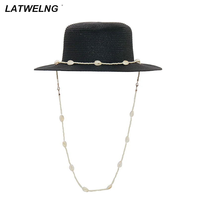 Fashion shell Chain Beach Hat For Women Summer Flat White Sun Hats Necklace Strape Hat 3