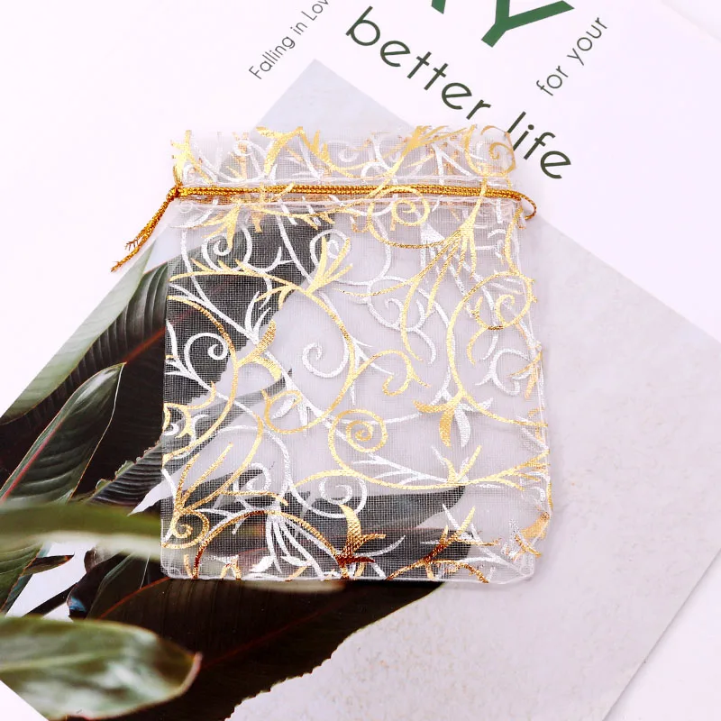 9x12cm Gold Branch Printed Drawable Organza Bags 500pcs/lot Wedding Party Gifts Candy Jewelry Bracelet Packaging Pouches Bags