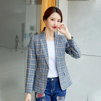 

Women Elegant Notched Work Blazer Feminino Office Lady Plaid Blazer Women 2020 Autumn Suit Blazers Mujer Formal Jackets Suit
