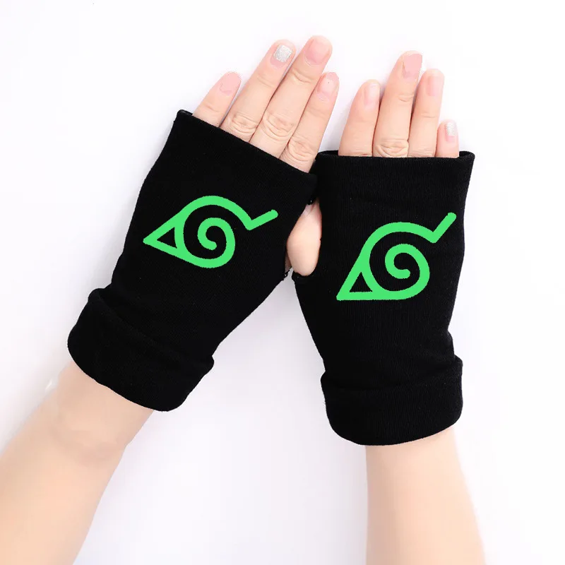 1Pair Unisex Fashion Printed Fingerless Gloves Anime Ninja Uchiha Konoha Logo Cosplay Costumes Accessories Cotton Warm Mittens
