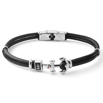 

Runda Men Jewelry Leather Bracelet Bangle Fashion Stainless Steel Anchor Jewels