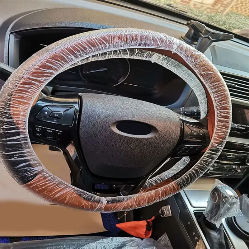 100pcs Car Steering Wheel Cover Disposable Plastic Steering Wheel Protector Cover Universal Vehicle Car Waterproof Transparent Cover for Car Interior Accessories