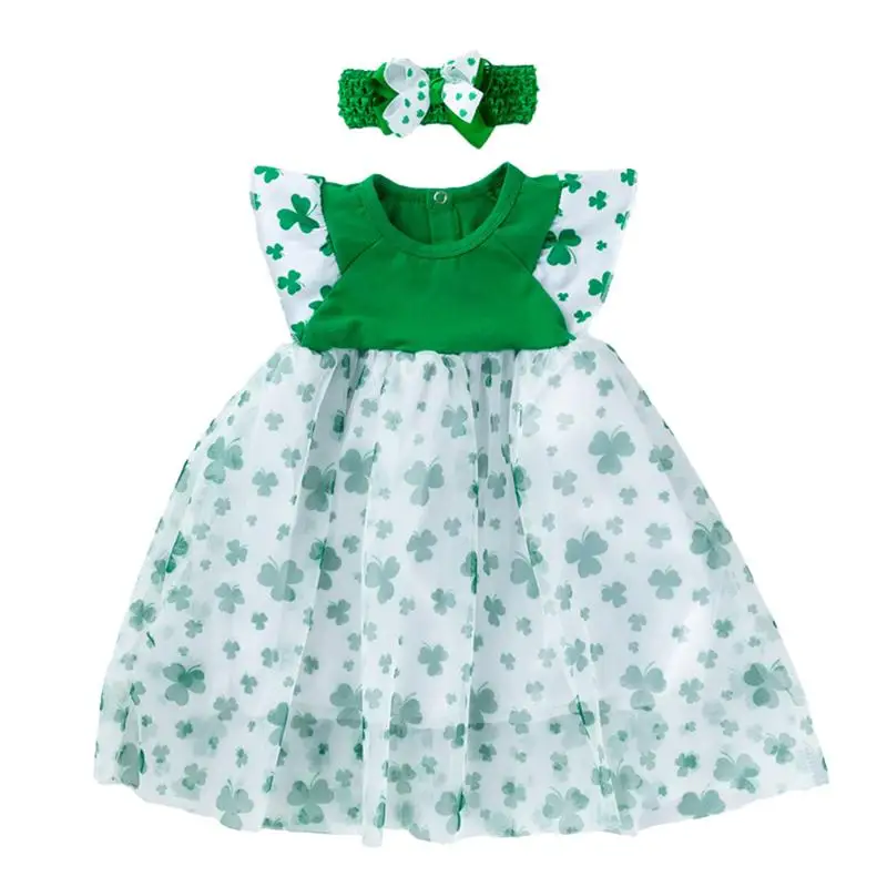 

St. Patricks Day Baby Girls Dresses Headband Gauze Skirt Clover Printed Dresses Fashion Party Costume (Fit for 3M-2 Years Old)