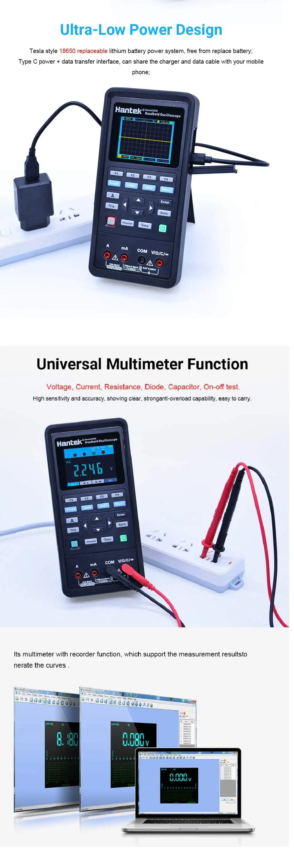 Hantek 3в1 цифровой осциллограф+ генератор сигналов+ мультиметр портативный USB 2 канала 40 МГц 70 МГц ЖК-дисплей измерительный прибор инструменты
