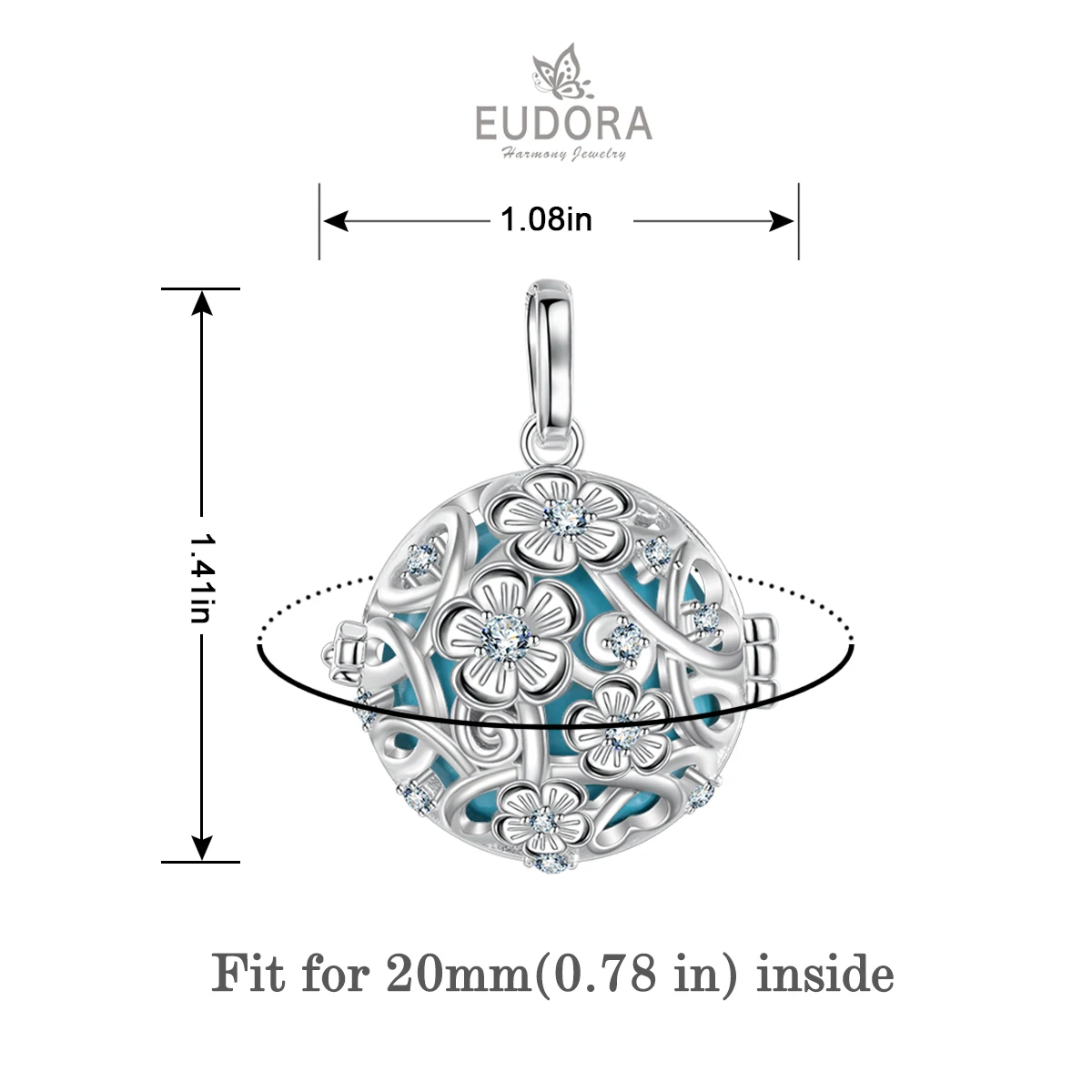Eudora, 20 мм, покрытый серебром, гармония, бола, шар, персик, медальон с цветком, клетка, подвеска, подходит для DIY, Chime Ball, ожерелье, ювелирные изделия для женщин K376