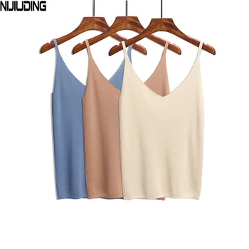 

NIJIUDING Summer Women Tank Tops Casual Shiny Ice Silk Knitted Camis Sleeveless Vest Sexy Deep V-Neck Party Solid Camisole Femme