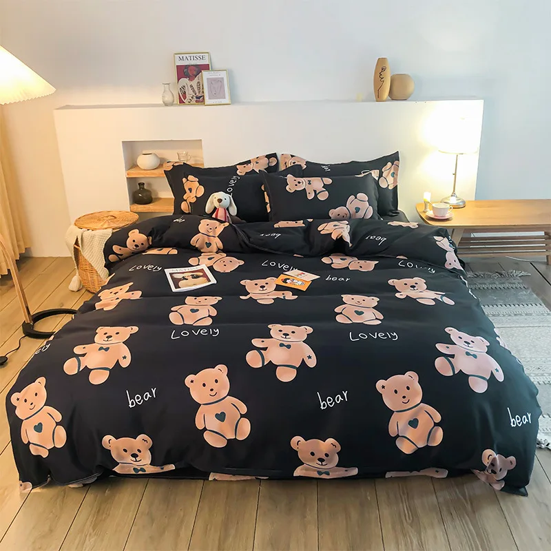 

Duvet Cover Set 3/4 Pieces Bear Pattern Black Bedclothes Include Bedsheet Pillowcase Comforter Cover Girlish Style Oceania