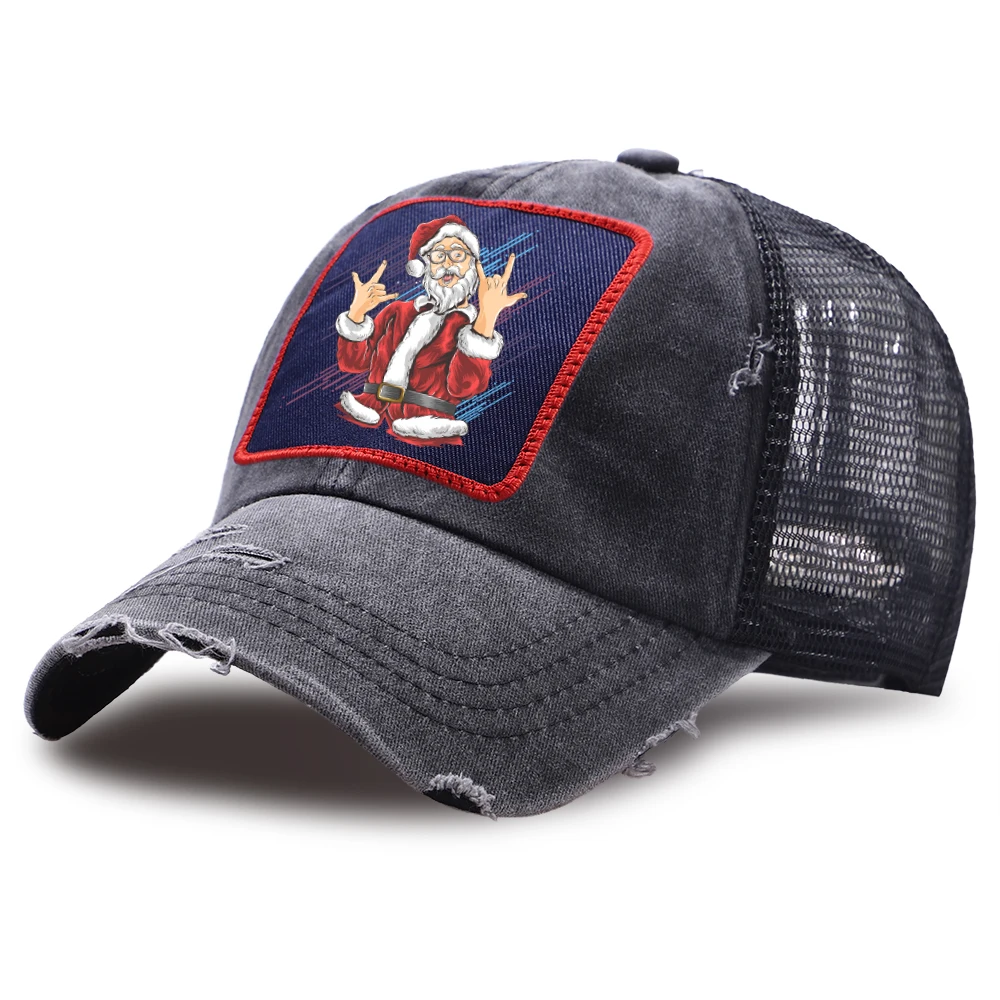 

Christmas Santa Claus Baseball Caps For Men Outdoor Snapback Caps Summer Mesh Trucker Cap Women Washed Retro Fray Sun Shade Hat