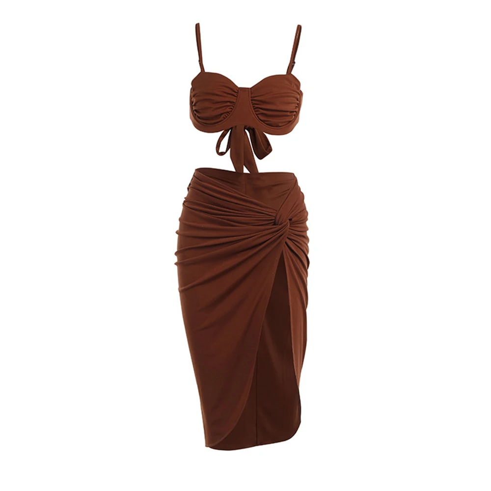 Sexy Strapless Crop Tube Top and Skirt Set Women Backless Split Dress Summer Holiday Sleeveless Dresses Evening Club Party Dress womens golf tennis sport dress mock neck sleeveless side split above knee length dress active workout dress athletic dresses