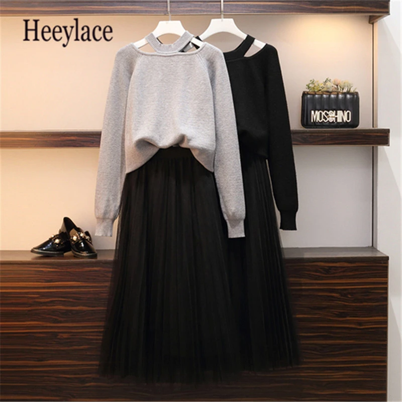 

Plus Size Graceful 2 Piece Set For Women Loose Sweater Skirts Outfit Long Sleeve Female Knitted Sweater Tops Meth Skirt Sets 5XL