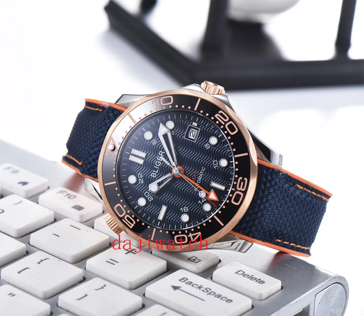 gmt mãos 41mm safira vidro azul dial data janela cinta de borracha