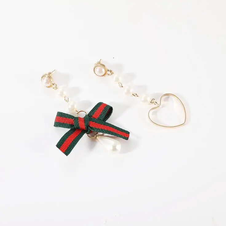 

2020 Red And Green Ribbon Earrings Heart Temperament Asymmetrical Creative New Tassel Pearl Earrings For Women