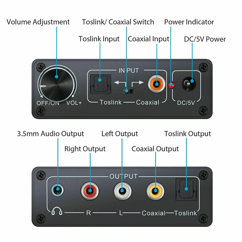 24 Bit Digital to Analog Converter 3 5 Jack RCA DAC Spdif Amplifier Decoder Optical Fiber Coaxial For Headphone With Volume Knob