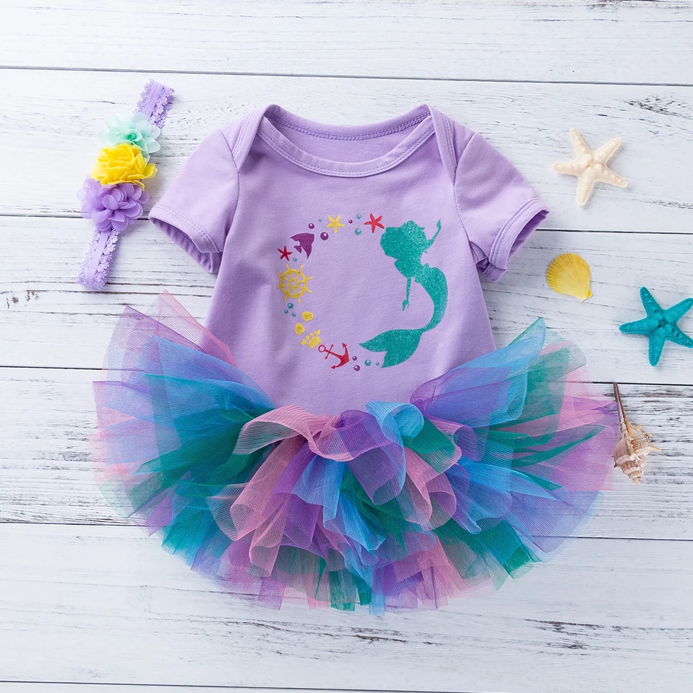 1 Mermaid Purple 3Pcs Clothing sets toddler tutu skirt cute baby Outfits Infant tutu Girls Dress Newborn Romper baby girl clothes