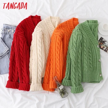 

Tangada women elegant twist oversized cardigan vintage jumper 2020 fashion loose knitted cardigan coat BAO33