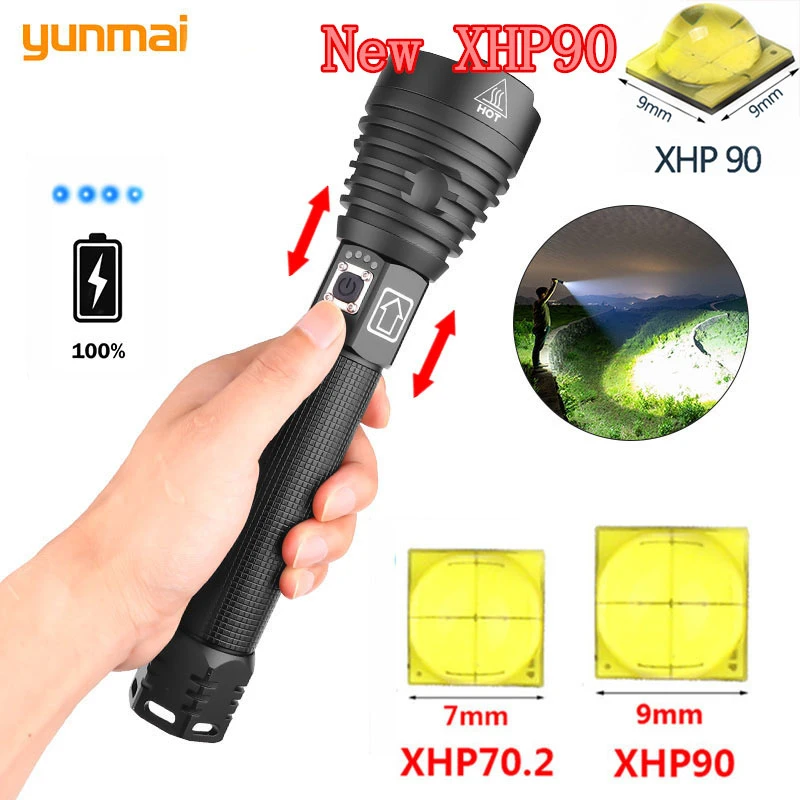 

Brightest led flashlight XHP90 Flashlight power 26650 battery USB Rechargeable powerful Tactical Flash light torch For Camping