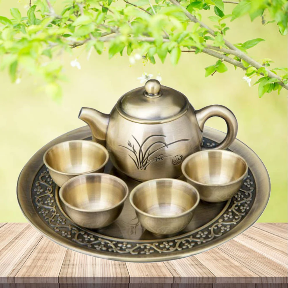 

6 Pieces/Set Classical Tea Set European Retro Alloy Teapot Teacup With Tray Office Kung Fu Tea Set Gift Pack