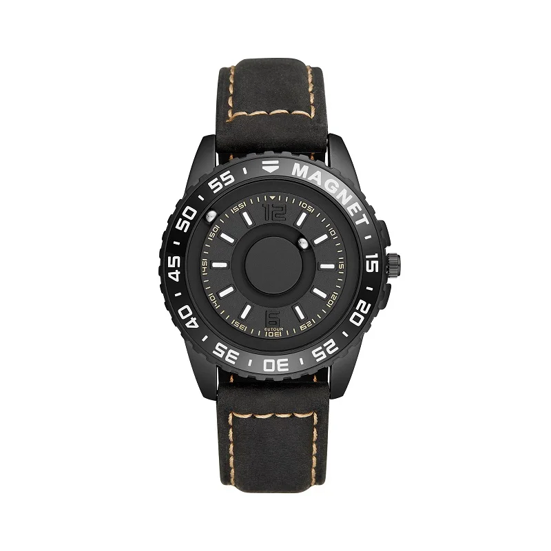 EUTOUR мужские часы с магнитным шариковым указателем мужские часы кварцевые часы полностью стальные мужские наручные часы персонализированные слепые мужские часы - Цвет: Black Black Leather