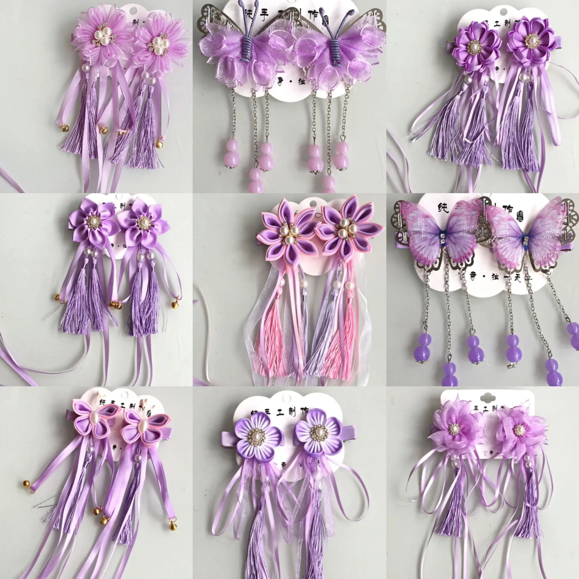 

WYINYA A pair of children's Chinese style purple series flower shape antique fringe streamer Hanfu Tang suit side clip