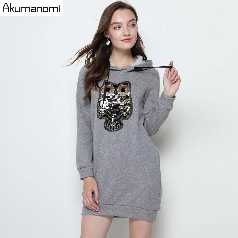 Осенне-зимнее плотное женское мини-платье больших размеров 5xl 4XL 3XL-l серое повседневное офисное платье с капюшоном и длинным рукавом с аппликацией vestidos robe