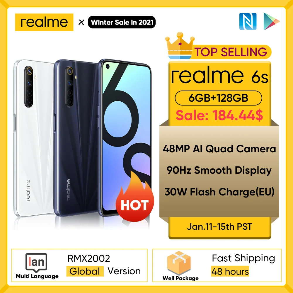  Realme 6s NFC в мире смартфон 90 Гц 6,5 ''Дисплей 6 ГБ 128 ГБ мобильный телефон 48MP 4300 мА/ч, 30W смены телефон Android телефонов 