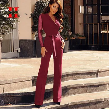 

Dot Mesh Sleeve Jumpsuits Women Turn Down Collar Rompers Office Ladies High Waist Lace up Jumpsuits Women Clothes Mono Mujer