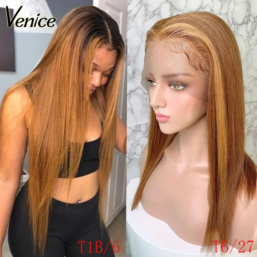 Венеция волос эффектом деграде(переход от темного к Синтетические волосы на кружеве человеческих волос парики для чернокожих Для женщин 150% прямые Волосы remy предварительно вырезанные 13x6 кружева парик с детскими волосами