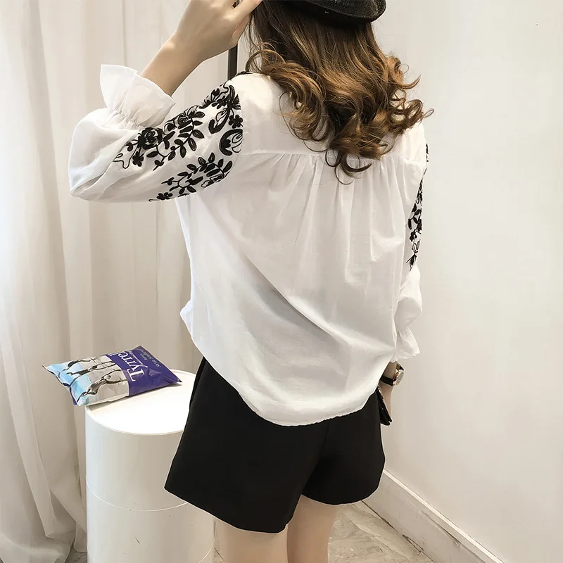 

121122 New Style Shirt Women's Long-Sleeve Korean-style Loose-Fit Embroidery Flowers Stand Collar Base Shirt Tops