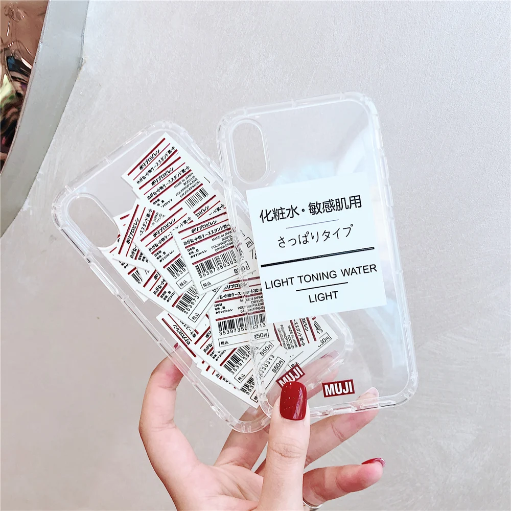 

INS Japan brand Simple MUJI label Phone Case for iPhone X XR XS Max 6 6s 7 8 Plus funny light toning water soft clear tpu cover