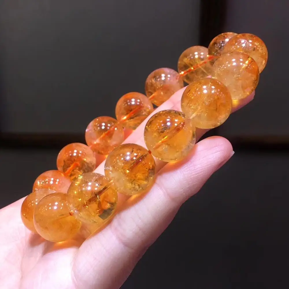 15mm Genuine Natural Yellow Citrine Quartz Super Seven Crystal Bracelet For Women Men Clear Gemstone Round Beads Jewelry AAAAA