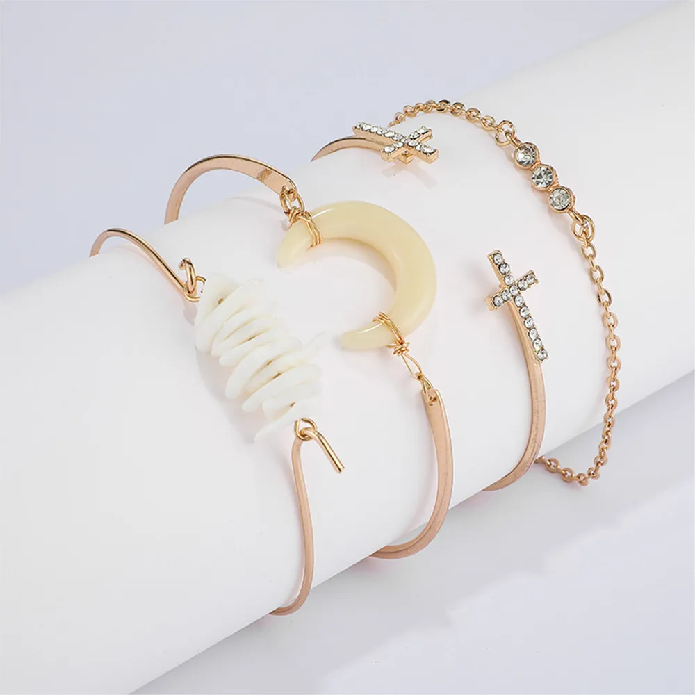 MLING 4 Pcs/Set Vintage Gold Crystal Bracelet Set Bohemian Natural Stone Moon Cross Bracelet for Women