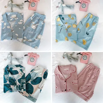 

New Ladies Silk Pajamas Suit Button Pajamas Casual Wear Suit M-XL
